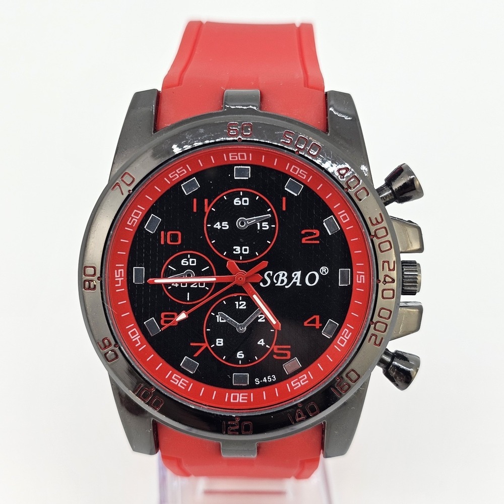 Men's Analog Watch 45MM Black Dial Red Plastic‎ Bands New Battery